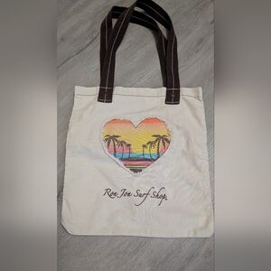 Ron Jon Cream & Brown Tote Bag with Sunset Palm Tree Heart Design